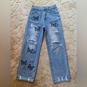 EUC SHEIN DESTROYED BUTTERFLY HI-RISE FULL LEG 5 POCKET JEANS WOMENS SIZE XS/4